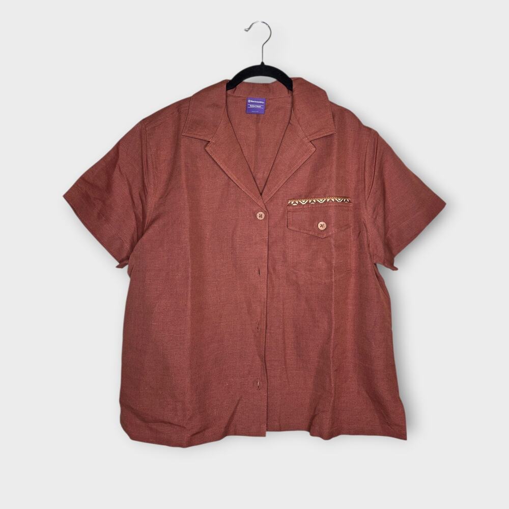 Backcountry Linen Cotton Boxy Embroidered Camp Shirt Rust Men's Medium